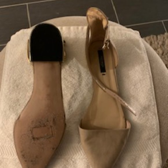 Light taupe suede pointed toe flats with gold ankle strap and heel - Picture 6 of 6